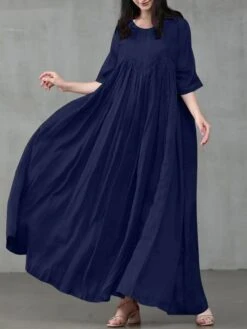 Women's Casual Dress Cotton Linen Dress Swing Dress Long Dress Maxi Dress Black Pink Green Short Sleeve Pure Color Ruched Spring Fall Autumn Crew Neck Elegant Vacation Loose Fit 2022 S M L XL XXL 3XL -Cheap Plus Fit Dress Store ezrfsp1657296923843