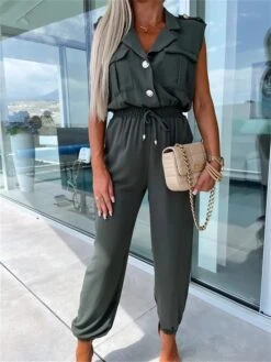Women's Jumpsuit Button Pocket Solid Color Shirt Collar Streetwear Street Daily Regular Fit Short Sleeve Black White Green S M L Summer -Cheap Plus Fit Dress Store ezxjgs1688455471413