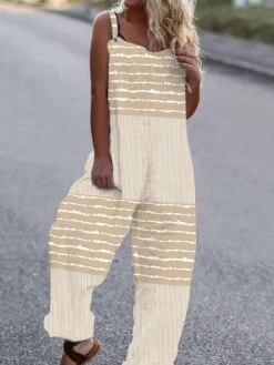 Women's Jumpsuit Print Striped Crew Neck Holiday Daily Vacation Straight Loose Fit Strap Sleeveless Pink Blue Brown S M L All Seasons
