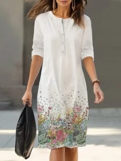 Women's Shirt Dress Casual Dress Cotton Linen Dress Midi Dress Polyester Fashion Casual Daily Outdoor Daily Vacation Crew Neck Button Print 3/4 Length Sleeve Spring Fall Autumn 2023 Loose Fit Light -Cheap Plus Fit Dress Store fafiwo1693367528132