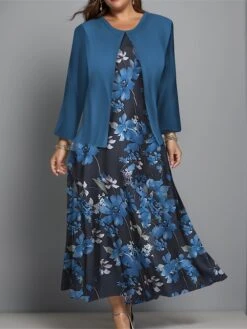 Women's Plus Size Two Piece Dress Set Casual Dress Swing Dress Outdoor Office Fashion Streetwear Print Midi Dress Crew Neck Long Sleeve Floral Regular Fit Burgundy Navy Blue Blue Fall Winter L XL XXL