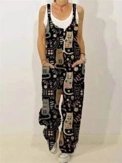 Women's Overall Button Pocket Animal Crew Neck Streetwear Daily Vacation Loose Fit Sleeveless Black Light Green Brown S M L Summer