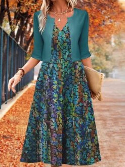 Women's Two Piece Dress Set Casual Dress Swing Dress Outdoor Daily Fashion Elegant Print Midi Dress V Neck Half Sleeve Floral Regular Fit Blue Purple Fuchsia Fall Winter S M L XL XXL -Cheap Plus Fit Dress Store fasqdj1697782809442