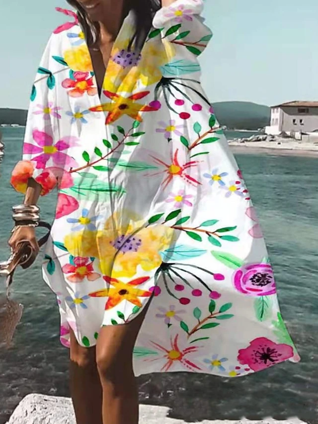 Women's Shirt Dress Casual Dress Swing Dress Maxi Long Dress Outdoor Winter Dress Daily Polyester Vacation Casual Shirt Collar High Low Dress Print Long Sleeve Spring Fall Winter 2023 Loose Fit White 2 Women's Shirt Dress Casual Dress Swing Dress Maxi Long Dress Outdoor Winter Dress Daily Polyester Vacation Casual Shirt Collar High Low Dress Print Long Sleeve Spring Fall Winter 2023 Loose Fit White - Image 2