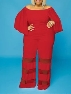 Women's Jumpsuit Mesh Patchwork Solid Color Off Shoulder Elegant Party Office Regular Fit 3/4 Length Sleeve Black Red Blue XL XXL 3XL Summer 21 Women's Jumpsuit Mesh Patchwork Solid Color Off Shoulder Elegant Party Office Regular Fit 3/4 Length Sleeve Black Red Blue XL XXL 3XL Summer -Cheap Plus Fit Dress Store fbotoj1677496096243