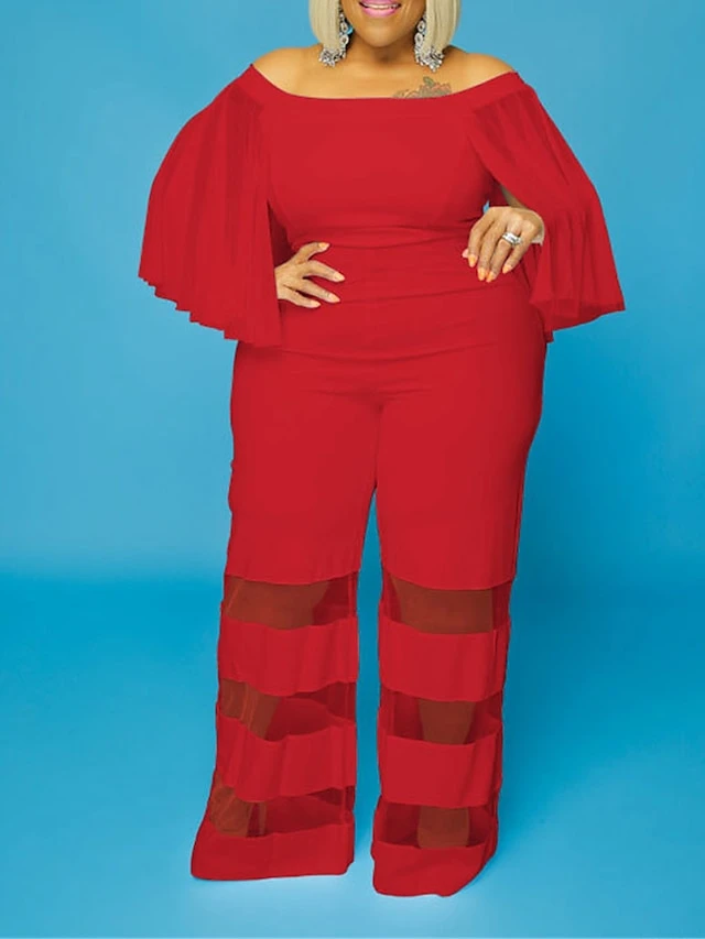 Women's Jumpsuit Mesh Patchwork Solid Color Off Shoulder Elegant Party Office Regular Fit 3/4 Length Sleeve Black Red Blue XL XXL 3XL Summer 8 Women's Jumpsuit Mesh Patchwork Solid Color Off Shoulder Elegant Party Office Regular Fit 3/4 Length Sleeve Black Red Blue XL XXL 3XL Summer - Image 8
