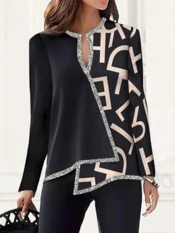 Women's Shirt Blouse Black Gold Green Floral Asymmetric Print Long Sleeve Casual Holiday Daily Basic V Neck Regular Fit Floral Fall & Winter