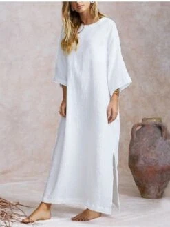 Women's Casual Dress Cotton Linen Dress White Dress Maxi Long Dress Cotton Blend Basic Casual Outdoor Daily Crew Neck Split Long Sleeve Spring Fall Autumn 2023 Loose Fit White Khaki Pure Color S M L