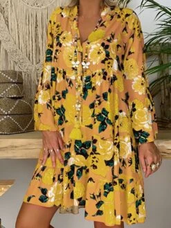 Women‘s Plus Size Curve Casual Dress Floral V Neck Print Long Sleeve Fall Spring Casual Short Mini Dress Daily Vacation Dress -Cheap Plus Fit Dress Store fcaiyd1660643932586