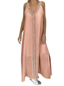 Women's Casual Dress Cotton Linen Dress White Dress Maxi Long Dress Polyester Lace Fashion Daily Weekend V Neck Lace Split Sleeveless Summer 2023 Loose Fit Lake Blue Black White Plain S M L XL 2XL -Cheap Plus Fit Dress Store fcckrc1686105102853