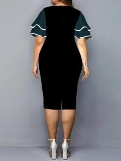 Women‘s Plus Size Curve Work Dress Bodycon Sheath Dress Color Block Midi Dress Half Sleeve Ruffle Crew Neck Fashion Outdoor Wine Red Fall Spring XL XXL 3XL 4XL 5XL -Cheap Plus Fit Dress Store fcejwb1673251733764