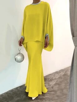 Women's Two Piece Dress Set Casual Dress Skirt Set Daily Going Out Elegant Modern Ruffle Long Dress Maxi Dress Stand Collar Long Sleeve Plain Regular Fit Silver Black White Fall Winter S M L XL XXL