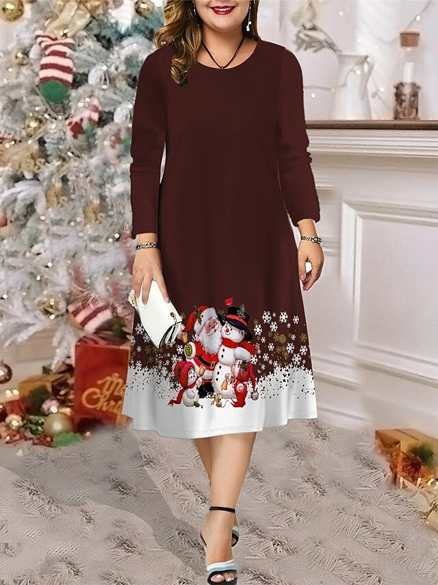 Women's Christmas Plus Size Curve Casual Dress Skater Dress A Line Dress Santa Claus Snowman Midi Dress Long Sleeve Print Crew Neck Fashion Outdoor Black Wine Fall Winter L XL XXL 3XL 4XL 5 Women's Christmas Plus Size Curve Casual Dress Skater Dress A Line Dress Santa Claus Snowman Midi Dress Long Sleeve Print Crew Neck Fashion Outdoor Black Wine Fall Winter L XL XXL 3XL 4XL - Image 5