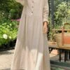 Women's Casual Dress Cotton Linen Dress Swing Dress Maxi Long Dress Linen Basic Classic Outdoor Daily Vacation V Neck Ruched Button Long Sleeve Summer Spring Fall 2023 Loose Fit Black Wine Apricot