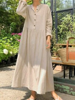 Women's Casual Dress Cotton Linen Dress Swing Dress Maxi Long Dress Linen Basic Classic Outdoor Daily Vacation V Neck Ruched Button Long Sleeve Summer Spring Fall 2023 Loose Fit Black Wine Apricot