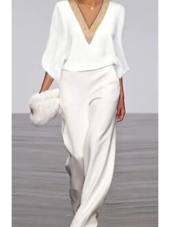 Jumpsuits For Women Summer Dressy Solid Color V Neck Office Work Wear Elegant Ladies Party S M L Fall