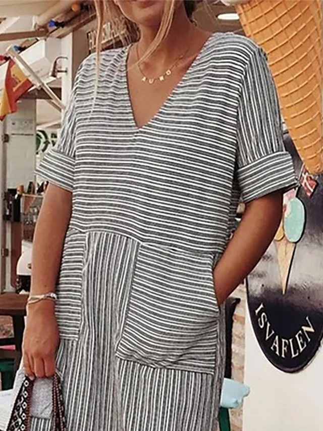 Women's Casual Dress Cotton Linen Dress Midi Dress Cotton Blend Fashion Modern Outdoor Daily V Neck Pocket Rolled Cuff Half Sleeve Summer Spring Fall 2023 Loose Fit Gray Striped S M L XL 2XL 3 Women's Casual Dress Cotton Linen Dress Midi Dress Cotton Blend Fashion Modern Outdoor Daily V Neck Pocket Rolled Cuff Half Sleeve Summer Spring Fall 2023 Loose Fit Gray Striped S M L XL 2XL - Image 3