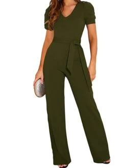 Women's Jumpsuit Lace Up Solid Color V Neck Streetwear Holiday Vacation Regular Fit Short Sleeve Black Wine Red S M L Spring -Cheap Plus Fit Dress Store fdqtwc1673405783099