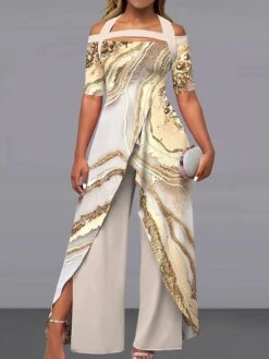 Jumpsuits For Special Occasions Patchwork Split Marbling Off Shoulder Active Wedding Going Out Wide Leg Loose Fit Short Sleeve Cold Shoulder Green Apricot Gray S M L Summer -Cheap Plus Fit Dress Store fdrjji1688549083968