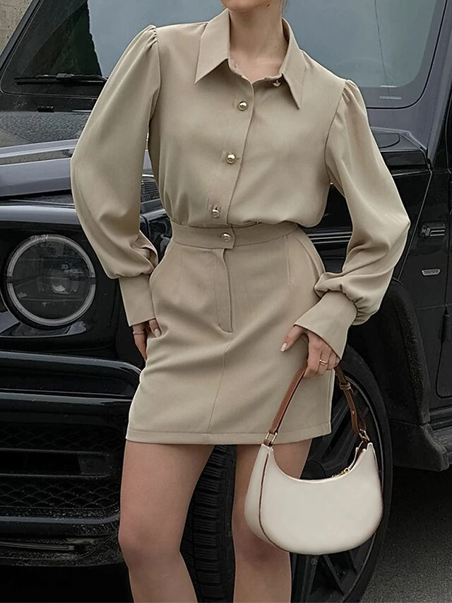 Women's Shirt Dress Work Dress Bodycon Mini Dress Outdoor Business Date Polyester Fashion Modern Shirt Collar Button Pocket Long Sleeve Fall Winter 2023 Regular Fit Khaki Pure Color S M L 2 Women's Shirt Dress Work Dress Bodycon Mini Dress Outdoor Business Date Polyester Fashion Modern Shirt Collar Button Pocket Long Sleeve Fall Winter 2023 Regular Fit Khaki Pure Color S M L - Image 2