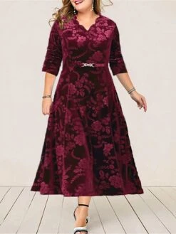 Women‘s Plus Size Curve Party Dress Cocktail Dress Wedding Guest Dress Midi Dress Wine Blue Purple 3/4 Length Sleeve Pure Color Jacquard Spring Fall Winter V Neck Fashion Winter Dress Wedding Guest
