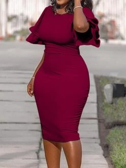 Women‘s Plus Size Curve Work Dress Bodycon Sheath Dress Solid Color Midi Dress Short Sleeve Ruffle Crew Neck Fashion Office Black White Summer Spring XL XXL 3XL 4XL 5XL -Cheap Plus Fit Dress Store fecakx1677650839762