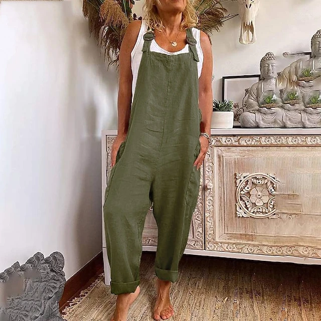 Women's Jumpsuits Casual Bib Utility Rompers Side Pockets Full Length Pants Weekend Inelastic Plain Faux Linen Comfort Mid Waist Green Black Red S M L XL XXL Summer Fall 1 Women's Jumpsuits Casual Bib Utility Rompers Side Pockets Full Length Pants Weekend Inelastic Plain Faux Linen Comfort Mid Waist Green Black Red S M L XL XXL Summer Fall