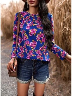 Women's Shirt Blouse Black Red Blue Graphic Floral Print Long Sleeve Casual Holiday Fashion Round Neck Regular Fit Floral Spring &Fall