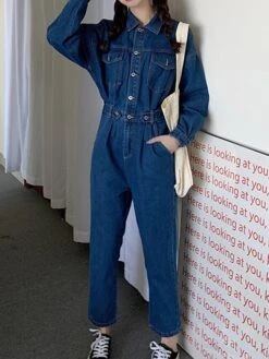 Women's Jumpsuit Button High Waist Solid Color Shirt Collar Streetwear Street Going Out Regular Fit Long Sleeve Blue S M L Winter 21 Women's Jumpsuit Button High Waist Solid Color Shirt Collar Streetwear Street Going Out Regular Fit Long Sleeve Blue S M L Winter -Cheap Plus Fit Dress Store fesbnr1666761195175