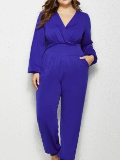 Women's Jumpsuit Pocket Solid Color V Neck Streetwear Daily Vacation Regular Fit Long Sleeve Red Royal Blue XXL 3XL 4XL Fall -Cheap Plus Fit Dress Store fewxzb1675240211976