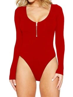 Women's Bodysuit Zipper High Waist Solid Color Round Neck Streetwear Street Daily Regular Fit Long Sleeve Light Apricot Black White S M L Fall -Cheap Plus Fit Dress Store ffbdma1693906388739