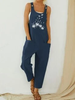 Jumpsuits For Women Summer Overall Bib Utility Patch Pocket Print Floral U Neck Streetwear Street Daily Regular Fit Sleeveless Army Green Blue S M L