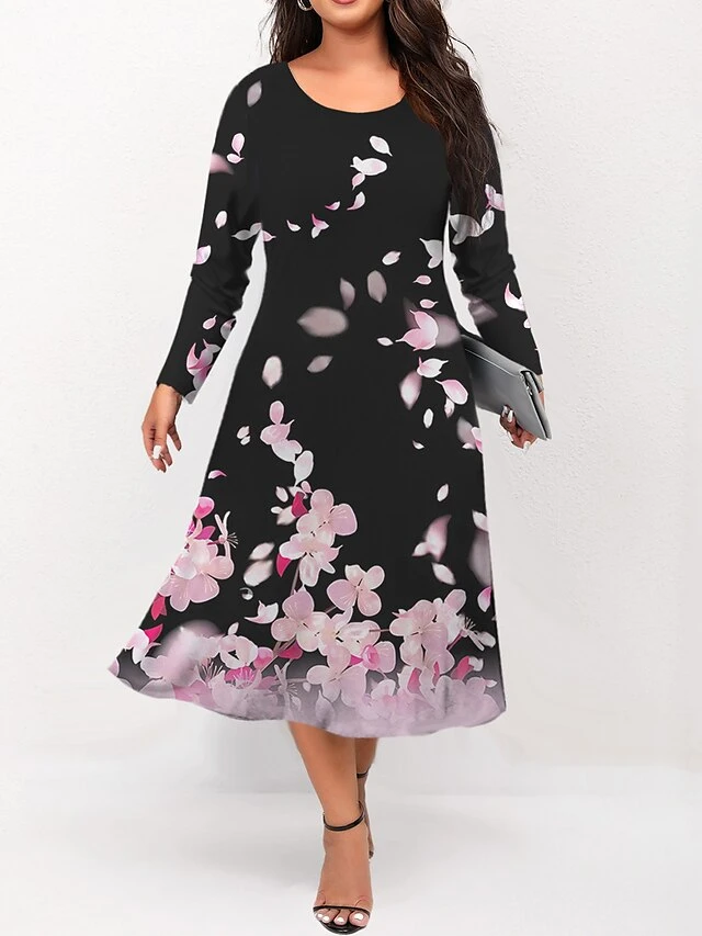Women's Plus Size Curve Casual Dress Skater Dress A Line Dress Floral Midi Dress Long Sleeve Print Crew Neck Fashion Outdoor Pink Blue Fall Winter L XL XXL 3XL 4XL 1 Women's Plus Size Curve Casual Dress Skater Dress A Line Dress Floral Midi Dress Long Sleeve Print Crew Neck Fashion Outdoor Pink Blue Fall Winter L XL XXL 3XL 4XL