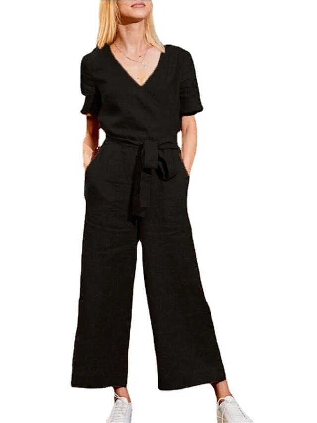 Women's Jumpsuit Lace Up Pocket Solid Color V Neck Streetwear Daily Vacation Regular Fit Short Sleeve Black Fuchsia Khaki S M L Spring 3 Women's Jumpsuit Lace Up Pocket Solid Color V Neck Streetwear Daily Vacation Regular Fit Short Sleeve Black Fuchsia Khaki S M L Spring - Image 3