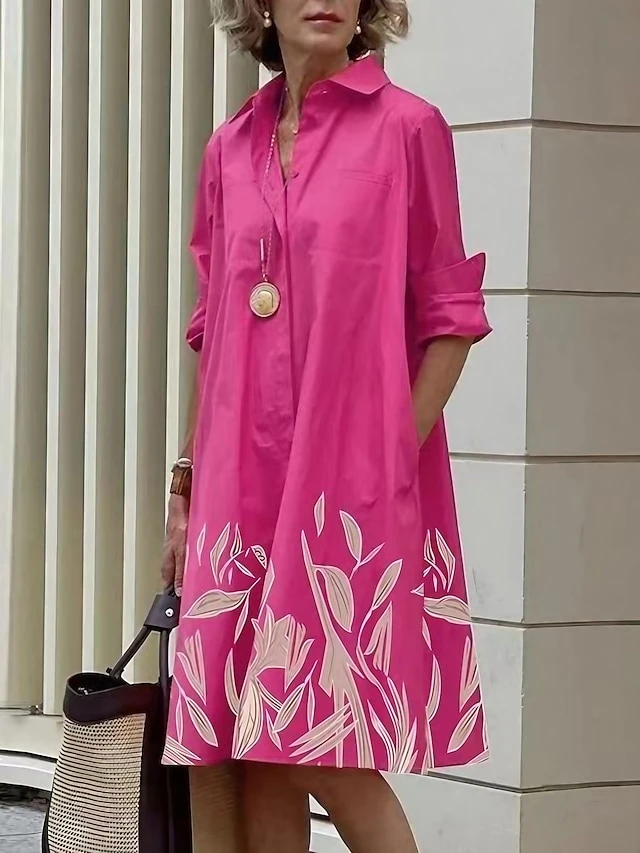 Women's Shirt Dress Casual Dress Maxi Long Dress Office Daily Date Polyester Fashion Modern Shirt Collar Patchwork Print 3/4 Length Sleeve Summer Spring Fall 2023 Regular Fit Pink Orange Leaf Color 1 Women's Shirt Dress Casual Dress Maxi Long Dress Office Daily Date Polyester Fashion Modern Shirt Collar Patchwork Print 3/4 Length Sleeve Summer Spring Fall 2023 Regular Fit Pink Orange Leaf Color