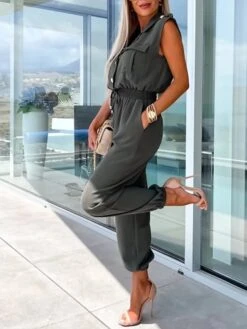 Women's Jumpsuit Button Pocket Solid Color Shirt Collar Streetwear Street Daily Regular Fit Short Sleeve Black White Green S M L Summer -Cheap Plus Fit Dress Store fghjnx1688455469761