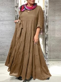 Women's Casual Dress Cotton Dress Maxi Long Dress Cotton Basic Classic Outdoor Daily Vacation V Neck Ruched Long Sleeve Spring Fall Winter 2023 Loose Fit White Blue Brown Plain S M L XL 2XL -Cheap Plus Fit Dress Store fgqtcc1692695638694