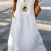 Women's Cotton Linen Dress Casual Dress Maxi Long Dress Cotton Blend Modern Casual Outdoor Daily Vacation V Neck Pocket Sleeveless Summer Spring 2023 Regular Fit White Plain S M L XL 2XL
