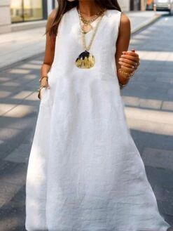 Women's Cotton Linen Dress Casual Dress Maxi Long Dress Cotton Blend Modern Casual Outdoor Daily Vacation V Neck Pocket Sleeveless Summer Spring 2023 Regular Fit White Plain S M L XL 2XL