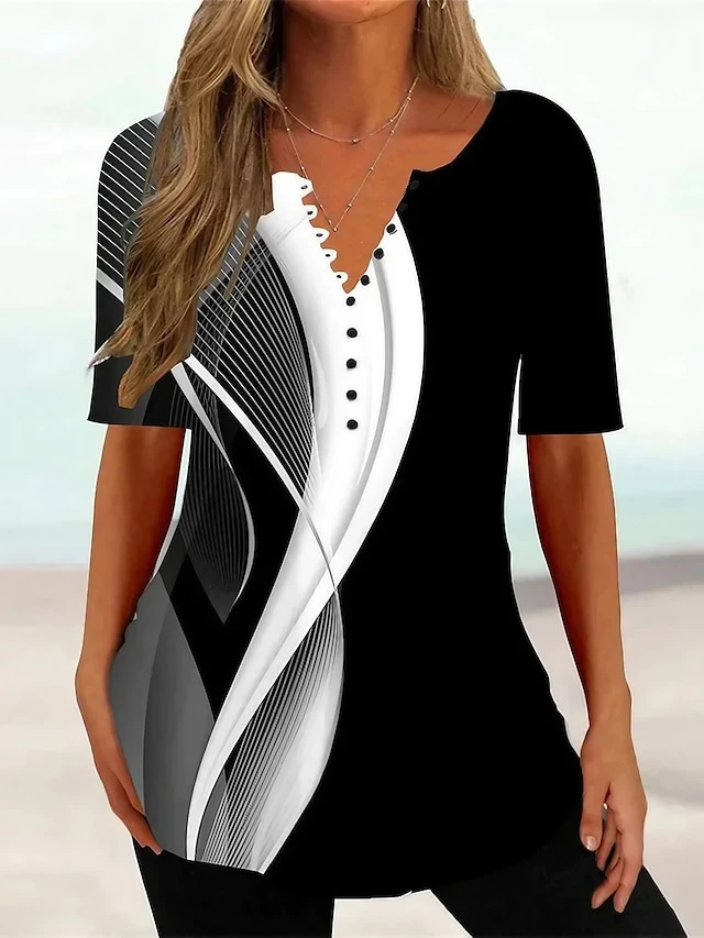 Women's T Shirt Tee Black Geometric Abstract Button Print Short Sleeve Casual Daily Tunic Basic V Neck Regular Fit 1 Women's T Shirt Tee Black Geometric Abstract Button Print Short Sleeve Casual Daily Tunic Basic V Neck Regular Fit
