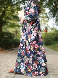 Women's Casual Dress Cotton Linen Dress Loose Dress Maxi Long Dress Linen / Cotton Blend Daily Stylish Outdoor Daily Vacation Crew Neck Print Long Sleeve Spring Fall Winter 2023 Loose Fit Wine Red -Cheap Plus Fit Dress Store fhfzfz1695014790737