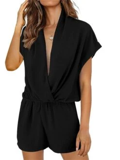 Women's Romper High Waist Solid Color Deep V Streetwear Daily Vacation Loose Fit Short Sleeve Black Red Blue S M L Spring