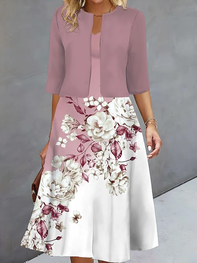 Women's Two Piece Dress Set Casual Dress Print Dress Outdoor Daily Fashion Elegant Print Midi Dress V Neck Half Sleeve Floral Regular Fit Blue Purple Green Fall Winter S M L XL XXL 3 Women's Two Piece Dress Set Casual Dress Print Dress Outdoor Daily Fashion Elegant Print Midi Dress V Neck Half Sleeve Floral Regular Fit Blue Purple Green Fall Winter S M L XL XXL - Image 3