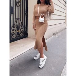 Women's Two Piece Dress Set Casual Dress Sweater Dress Outdoor Daily Fashion Streetwear Split Midi Dress Crew Neck Long Sleeve Plain Regular Fit Black White Orange Fall Winter S M L XL XXL -Cheap Plus Fit Dress Store fiegot1695635367072