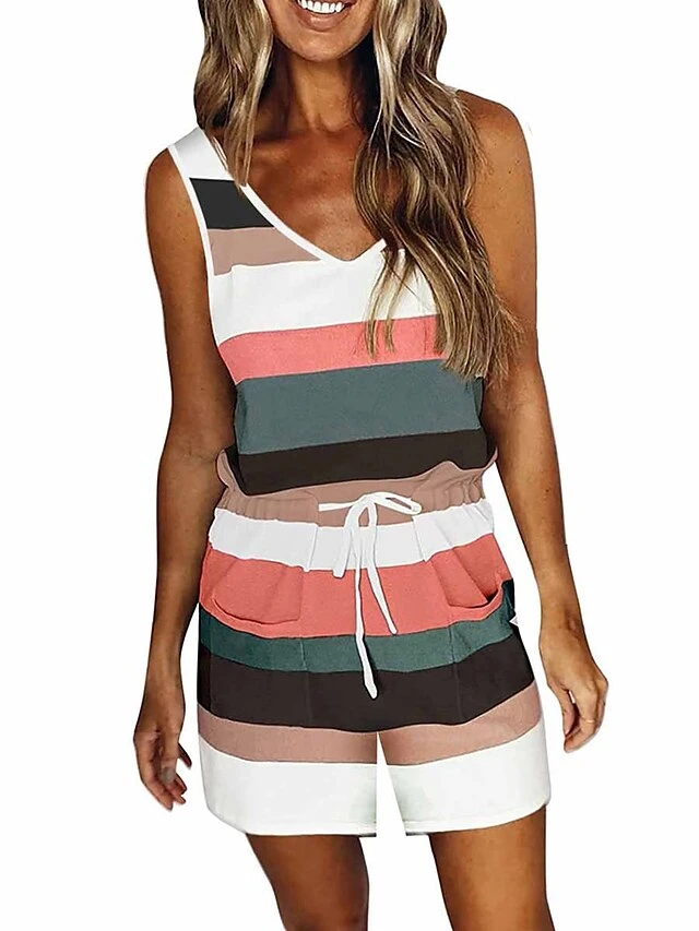 Women's Romper Pocket Print Striped V Neck Streetwear Daily Vacation Regular Fit Sleeveless Red Blue Green S M L Summer 3 Women's Romper Pocket Print Striped V Neck Streetwear Daily Vacation Regular Fit Sleeveless Red Blue Green S M L Summer - Image 3
