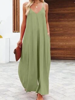 Women's Jumpsuit Backless Pocket Solid Color V Neck Streetwear Daily Vacation Regular Fit Spaghetti Strap Black Light Green Army Green S M L Spring 17 Women's Jumpsuit Backless Pocket Solid Color V Neck Streetwear Daily Vacation Regular Fit Spaghetti Strap Black Light Green Army Green S M L Spring -Cheap Plus Fit Dress Store fihiio1686571432323