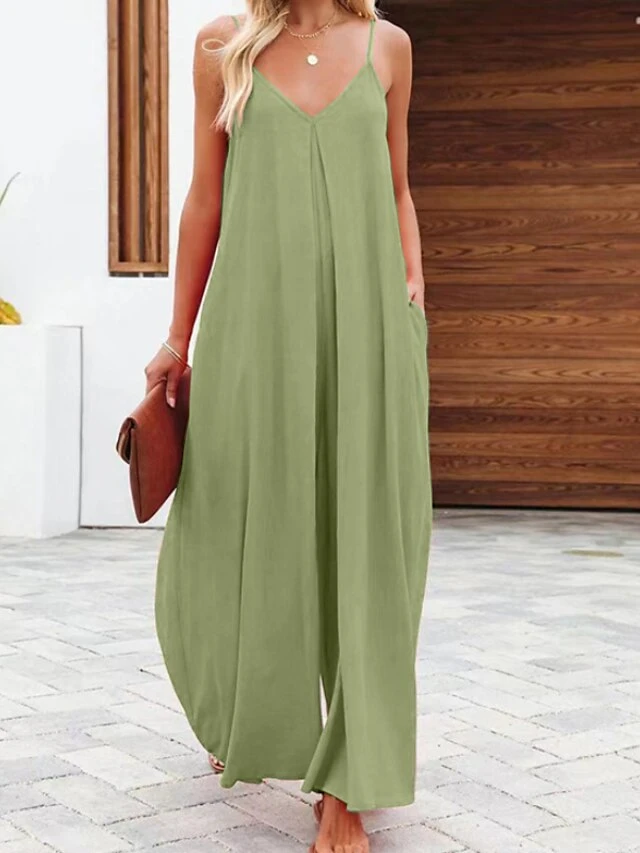 Women's Jumpsuit Backless Pocket Solid Color V Neck Streetwear Daily Vacation Regular Fit Spaghetti Strap Black Light Green Army Green S M L Spring 9 Women's Jumpsuit Backless Pocket Solid Color V Neck Streetwear Daily Vacation Regular Fit Spaghetti Strap Black Light Green Army Green S M L Spring - Image 9