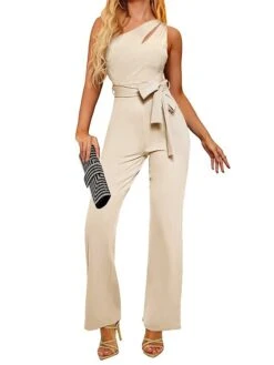 Women's Jumpsuit Lace Up Backless Solid Color One Shoulder Streetwear Street Vacation Regular Fit Sleeveless Black Wine Red S M L Spring -Cheap Plus Fit Dress Store filfau1674008893016