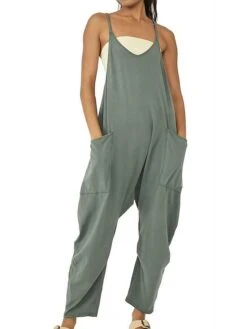 Women's Overall Utility Patch Pocket Trug LifeSolid Color V Neck Streetwear Daily Regular Fit Sleeveless Green Khaki Brown S M L Winter