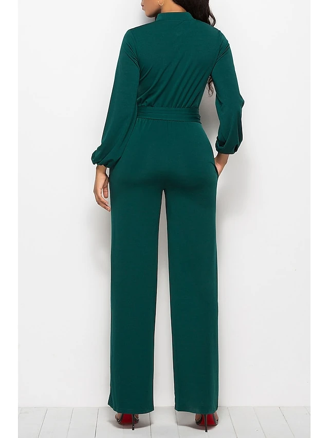 Women's Jumpsuit Belted Button Front Solid Color Shirt Collar Business Daily Office Straight Regular Fit Long Sleeve Green Black Wine S M L Fall 3 Women's Jumpsuit Belted Button Front Solid Color Shirt Collar Business Daily Office Straight Regular Fit Long Sleeve Green Black Wine S M L Fall - Image 3
